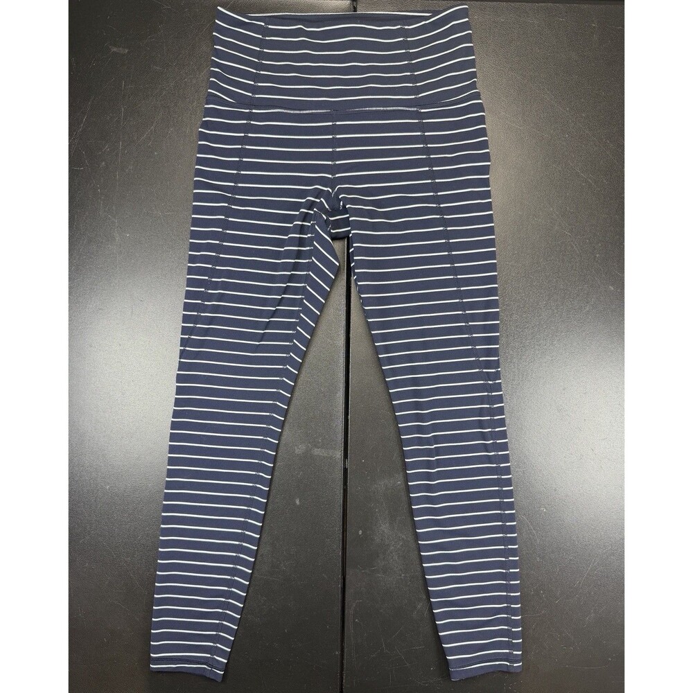 ATHLETA Chaturanga Capri Legging Women's SIZE XS Crop Navy Blue White Stripes